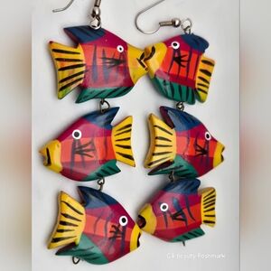 ✨2/$10✨ Hand-Painted Wooden Fish Colorful Folk Art Dangle Earrings Whimsical